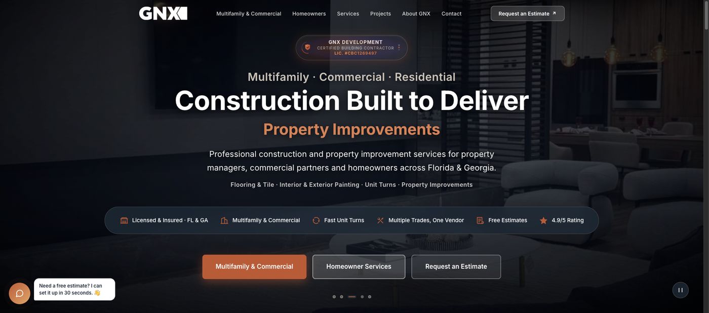 Site de GNX Development, construção e reformas em Flórida e Geórgia