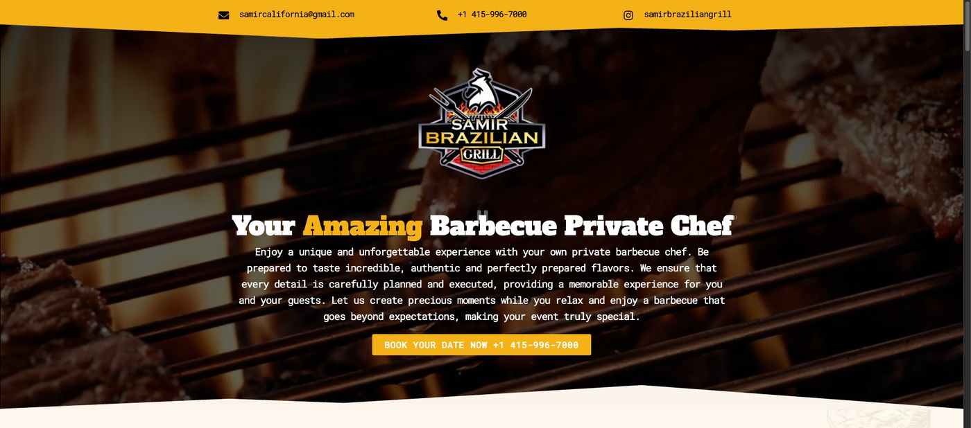 Site de Samir Brazilian Grill, churrasco e private chef em Califórnia