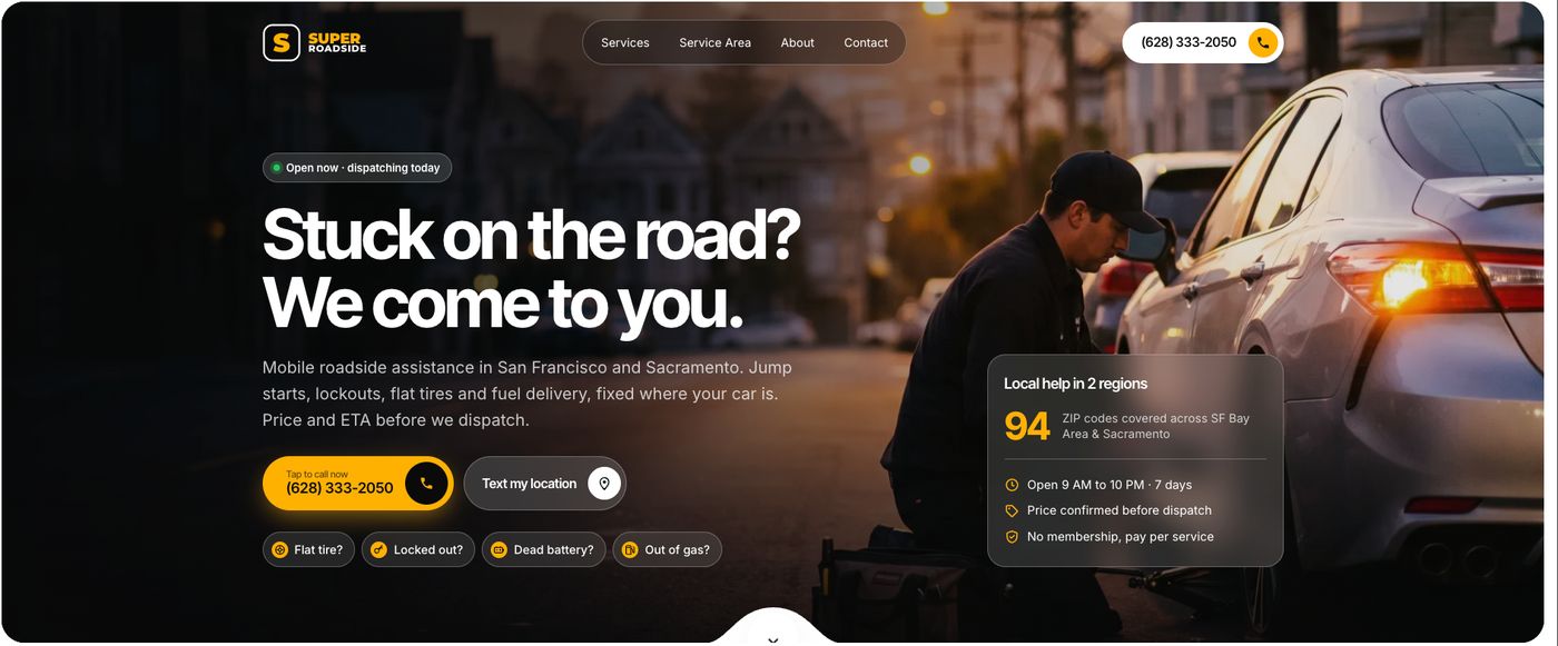 Site de Super Roadside, assistência veicular em São Francisco e Sacramento, CA